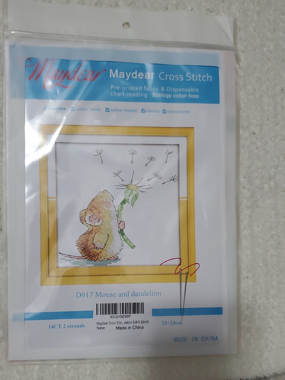 Cross Stitch Mouse with Yellow Dandelion Wall Art